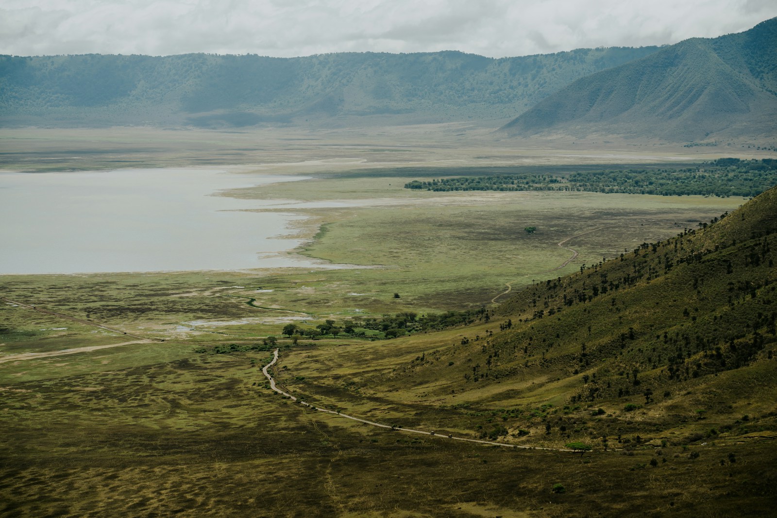 The Ngorongoro Crater floor with the lake catching light